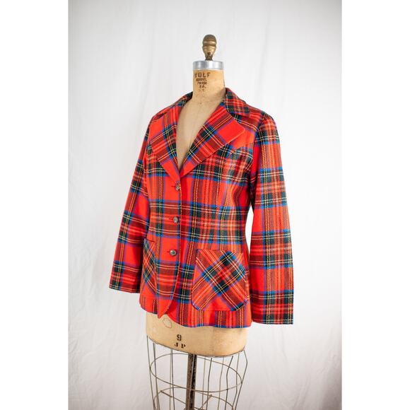 Vintage 60s Red Plaid Tartan Wool Blazer, Academia Preppy Jacket, Retro Mod, Med - Picture 1 of 11